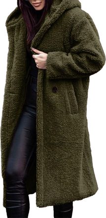 Generic Women Winter Hooded Fuzzy Fleece Coat Teddy Bear Long Faux Fur Coats Solid Color Button Down Open Front Outwear (UK, Alpha, XL, Regular, Regular, Gree