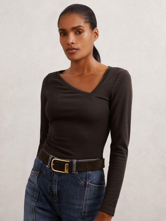 Reiss Chocolate Brown Stretch-cotton Asymmetric-neck Top, XS