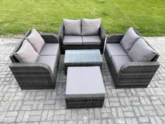 Fimous Outdoor Garden Furniture Sets 7 Seater Wicker Rattan Furniture Sofa Sets with Rectangular Coffee Table Love Sofa Big Footstool in Dark Grey