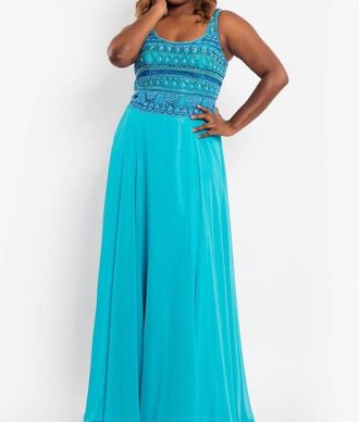 Rachel Allan Scoop Neck Beaded Chiffon Prom Gown In Aqua