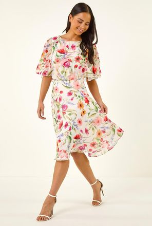 Roman Floral Print Cape Dress