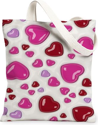 Generic ValentineS Day Hearts Canvas Tote Bags, Cute Love Pattern Reusable Grocery Bags, Lightweight Washable Shoulder Strap, Peach, 13x15 Inch