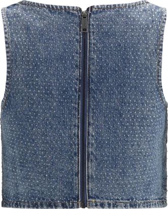 Self Portrait Womens Denim Crop Top With Crystals Blue