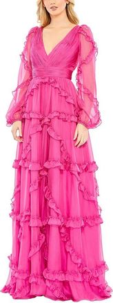 Mac Duggal Cascaded Ruffle Puff Sleeve A Line Gown