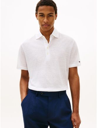 Tommy Hilfiger Mens New York Label Cotton-Linen Blend Polo - White - L