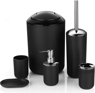 OEM Juego De Ba&ntilde;o De 6 Piezas: Papelera Decorativa, Escobilla De Ba&ntilde;o, Botella De Loci&oacute;n, Portacepillos De Dientes, Jabonera (seis Piezas - Negro)