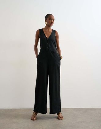 Topshop Tuta jumpsuit sartoriale in lino nera-Nero