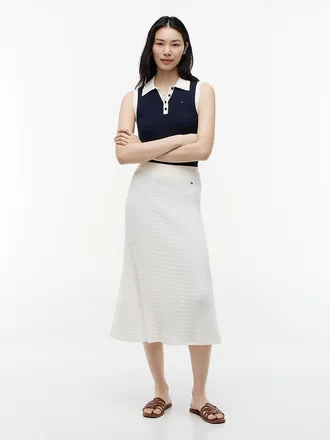 Tommy Hilfiger Womens Cable Knit Midi Skirt - Ivory Silk - XL