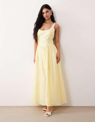 Bardot Lawrence - Vestito lungo in cotone color limone con scollo rotondo e dettaglio stile corsetto-Giallo