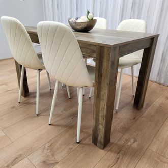 Kosy Koala Rustic Effect Wooden Dining Table & 4 Cream Gem Pattern Chairs - Dining Furniture Set in Brown