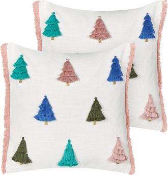 Beliani Conjunto De Cojines De Algod&oacute;n Estampado &Aacute;rbol De Navidad 45 X 45 Cm Funda De Algod&oacute;n Extra&iacute;ble Relleno Poli&eacute;ster Multicolor Skimmia