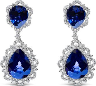 House of Brilliance 18K White Gold Blue Sapphire and Diamond 2.00 Cttw Diamond Halo Drop and Dangle Earring