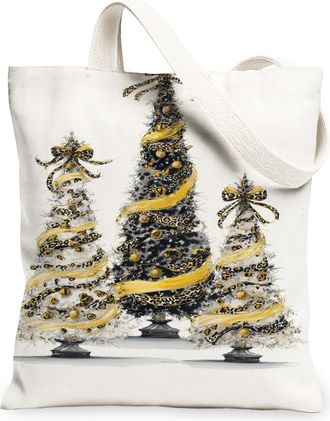 Generic Christmas Tree Canvas Tote Bags, Holiday Floral Pattern Reusable Grocery Bags, Winter Chic Lightweight Washable Shoulder St, White, 13x15 Inch