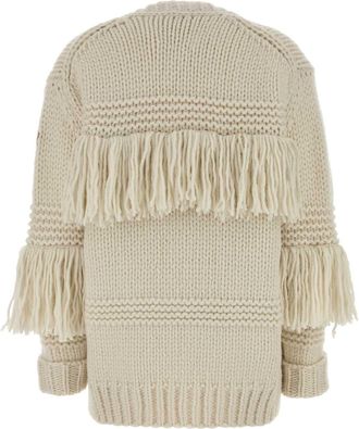Moncler Womens Fringed Crochet Knit Cardigan Beige Virgin Wool Nylon