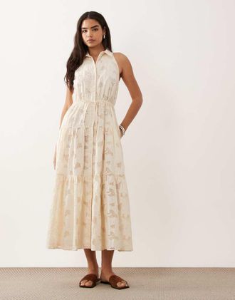 Ralph Lauren Vestito midi da giorno color crema a fiori-Bianco