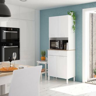 Dmora Armario Multiusos Dbakke, Mueble Auxiliar De Cocina, Aparador Con 4 Puertas Y 1 Caj&oacute;n Con Baldas, Armario Abierto, 72x40h186 Cm, Blanco Y Roble - Dmor