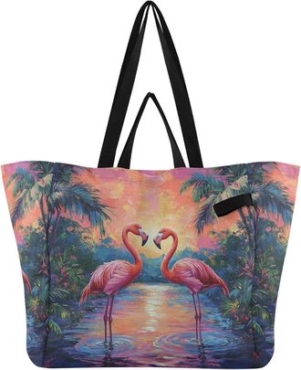 Generic Flamingo Sunset Blue pattern Reusable Canvas Tote Bag, Heavy Duty Grocery Shopping Bag with Large Capacity Hard Bottom Double Handles Work Groceries T