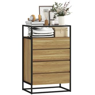 HOMCOM Homcom C&oacute;moda 4 Cajones, C&oacute;moda Dormitorio Con Superficie De Vidrio Templado, Estante Abierto, Estructura De Acero, 60x40x94,5 Cm, Teca