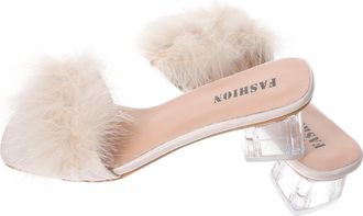 SOLUSTRE WomenS Beige Wool Open-Toe Slippers Low-Heeled Chunky Heel Sandals Summer Breathable Indoor and Outdoor Beach Shoes Size 43