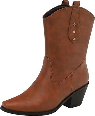 Generic Womens Western Style Mid Calf Boots Square Toe High Block Heel With Rivet Details Slip On For Daily Casual Wear