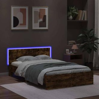 Berkfield Home Durable Bed Frame with Headboard & LED Smoked Oak 140x190 cm in Brown