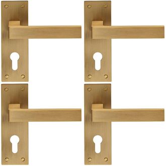 Loops 4x PAIR Straight Square Handle on Euro Lock Backplate 150 x 50mm Antique Brass in Metallics