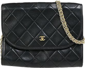 Chanel Vintage Round Flap Bag Quilted Lambskin Black Leather Bag (Pre-Owned)