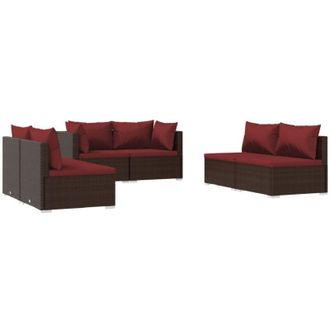 vidaXL Set Muebles De Jard&iacute;n 6 Piezas Y Cojines Rat&aacute;n Sint&eacute;tico Marr&oacute;n Vidaxl