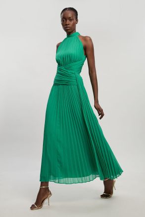 Karen Millen Womens Pleated Twist Front Woven Halter Midi Dress - Blue - Size 14 UK