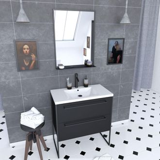 Aurlane Aurlane - Pack Mueble De Ba&ntilde;o 80x50 Negro Mate - 2 Cajones Negro Mate - Lavabo Blanco + Espejo
