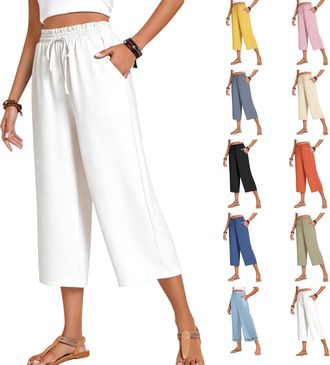 Generic Cropped Trousers For Women UK Casual Summer Linen Trousers Elasticated Waist Lightweight 3/4 Length Capri Pants With Pockets Wide Leg Lounge Holiday B