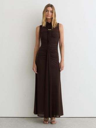 Reiss Chocolate Brown Ruched Sleeveless Maxi Dress, 16