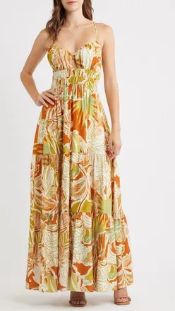 Flying Tomato Floral Print Sleeveless Maxi Dress in Brick at Nordstrom, Size Medium