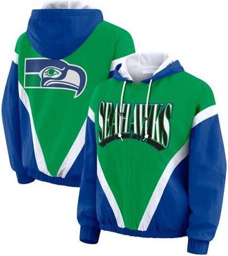 WEAR by Erin Andrews Womens WEAR by Erin Andrews Kelly Green/Royal Seattle Seahawks Plus Size Retro Crinkle Full-Zip Hoodie Windbreaker Jacket at Nordstrom, Size 3X