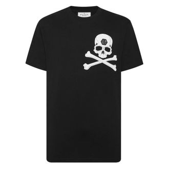 Philipp Plein Tops, Heren, Zwart, S, Katoen, T-Shirt Ronde Hals Skull&Bones