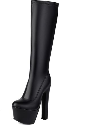Generic Womens High Heeled Platform Long Boot Round Toe Knee High Boots PU Leather Knight Boots with Side Zipper,Black2,5.5 UK