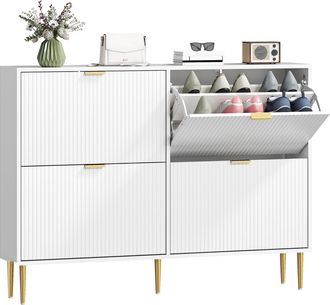 OEM Zapatero Estrecho Con 4 Puertas Acanaladas Con Estantes Ajustables Para 20 Pares De Zapatos 105x24x91,5 Cm Blanco