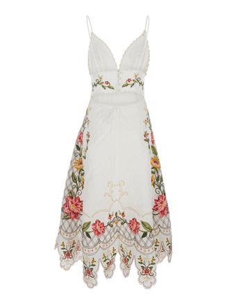 Farm Rio Floral-Embroidered Linen Dress - White