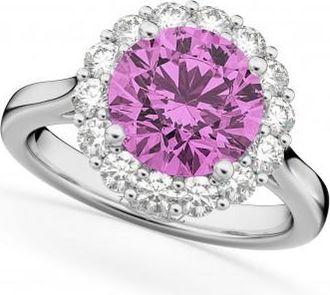 Allurez Halo Round Pink Sapphire & Diamond Engagement Ring 14K White Gold 4.45ct