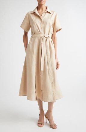 Eleventy Linen Blend Belted Shirtdress in Taupe Cognac at Nordstrom, Size 10 Us
