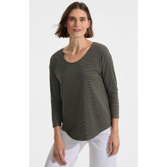 Lands End 3/4 Sleeve Lightweight Jersey U-Neck Tunic in Forest Moss Thin Stripe at Nordstrom, Size X-Small P