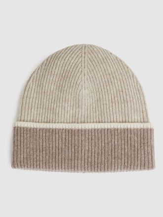 Reiss Filipa Blend Tipped Beanie Hat Wool Knitted, Taupe, One Size