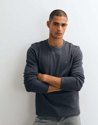 AllSaints Ellis T-shirt a maniche lunghe in tessuto piqu&eacute; grigio con logo