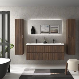 Cygnus Bath Mueble De Ba&ntilde;o Kira 140cm Nogal 4 Cajones Lavabo Toscana 2 Pozas Carga Mineral