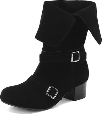 Generic Womens Retro Mid-Calf Boots with Fold-Over Collar Double Buckle Straps Low Block Heels Suede-Like Comfortable Anti-Slip Wear-Resistant for Daily Stree
