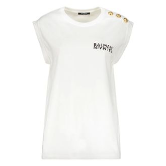 Balmain Sleeveless Tops, female, White, Size: XS Button Shoulder Logo T-Shirt