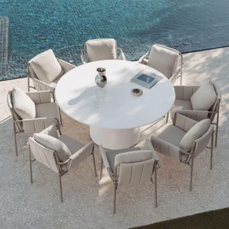 Sklum Set De Mesa Redonda &Oslash;150 Cm En Cemento Numira Y 8 Sillas De Jard&iacute;n Con Reposabrazos Tapizadas Y En Acero Zunika Sklum