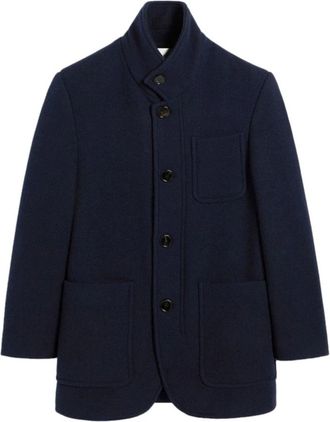 Ami Single-Breasted Coats, male, Blue, Size: 2XL Navy Blue Wool Coat High Neck