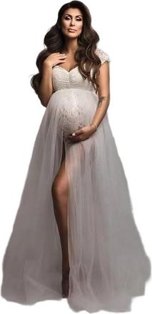 Generic QXWD Maternity Dresses Pregnancy Lace Bodysuit Tulle Long Sides Slit with Flying Dress Pregnant Woman Photo Shoot Outfit Sky Blue