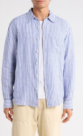 Madewell Linen & Organic Cotton Button-Up Shirt in Blue Stripe at Nordstrom, Size Xx-Large